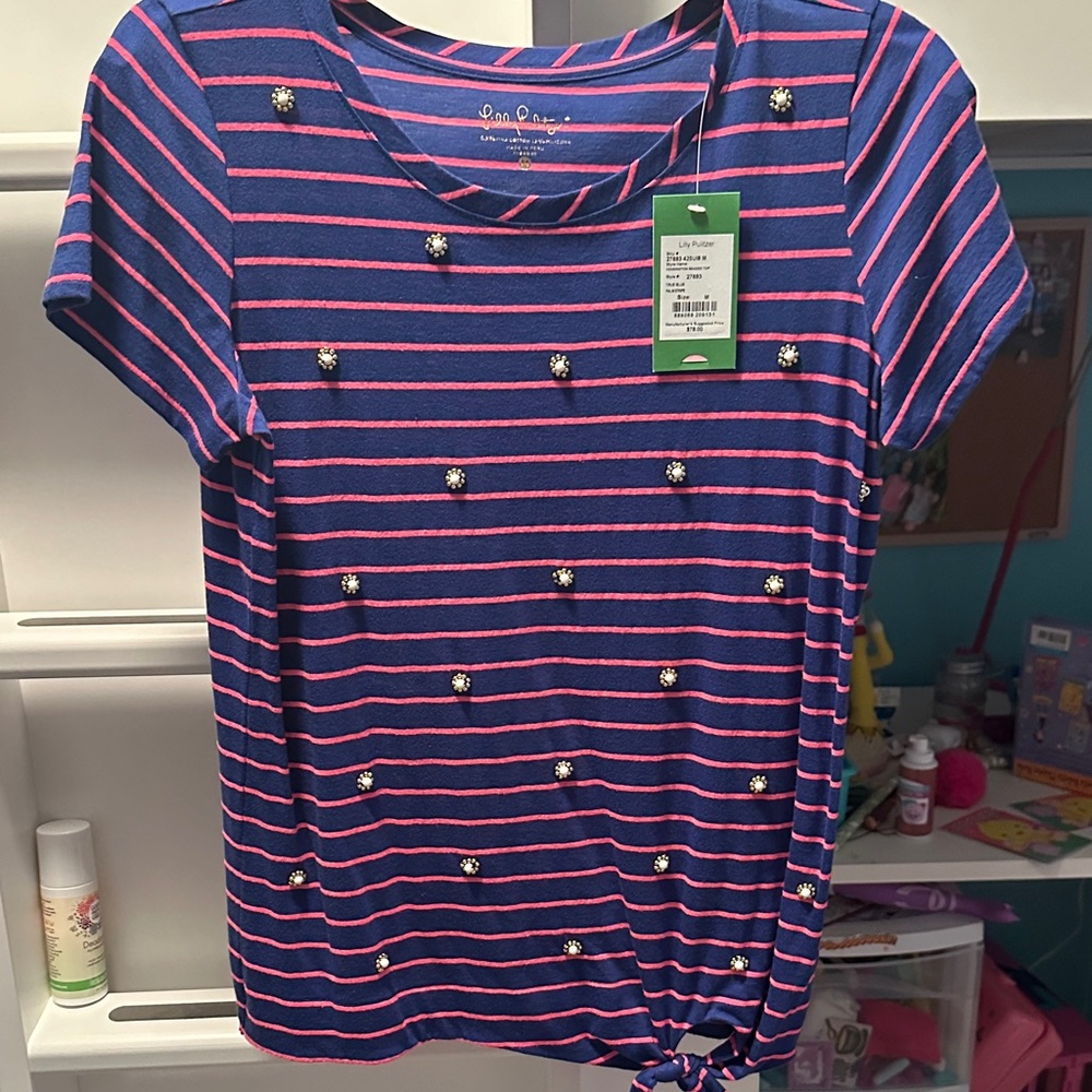 Lilly Pulitzer Blue and Pink Striped Short Sleeve Tee